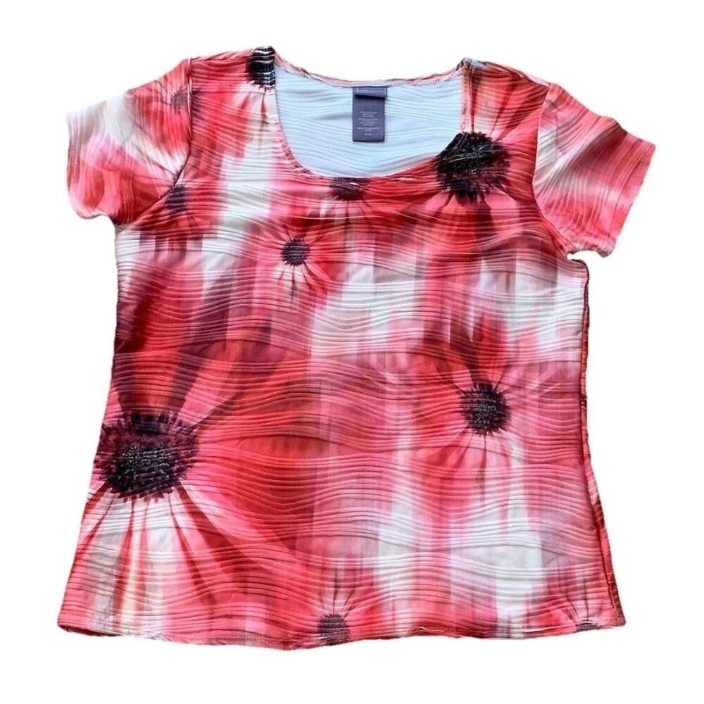 Laura Scott Red Pink Size Medium Top Scoop Neck  Short Sleeve Floral Top NWT